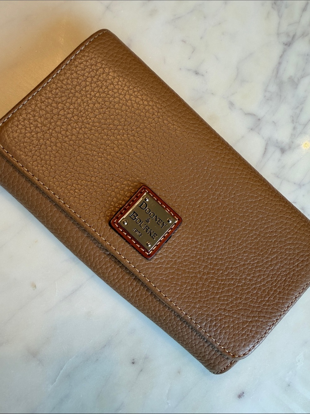 Dooney & Bourke Tan Pebbled Leather Continental Wallet with Logo Plaque